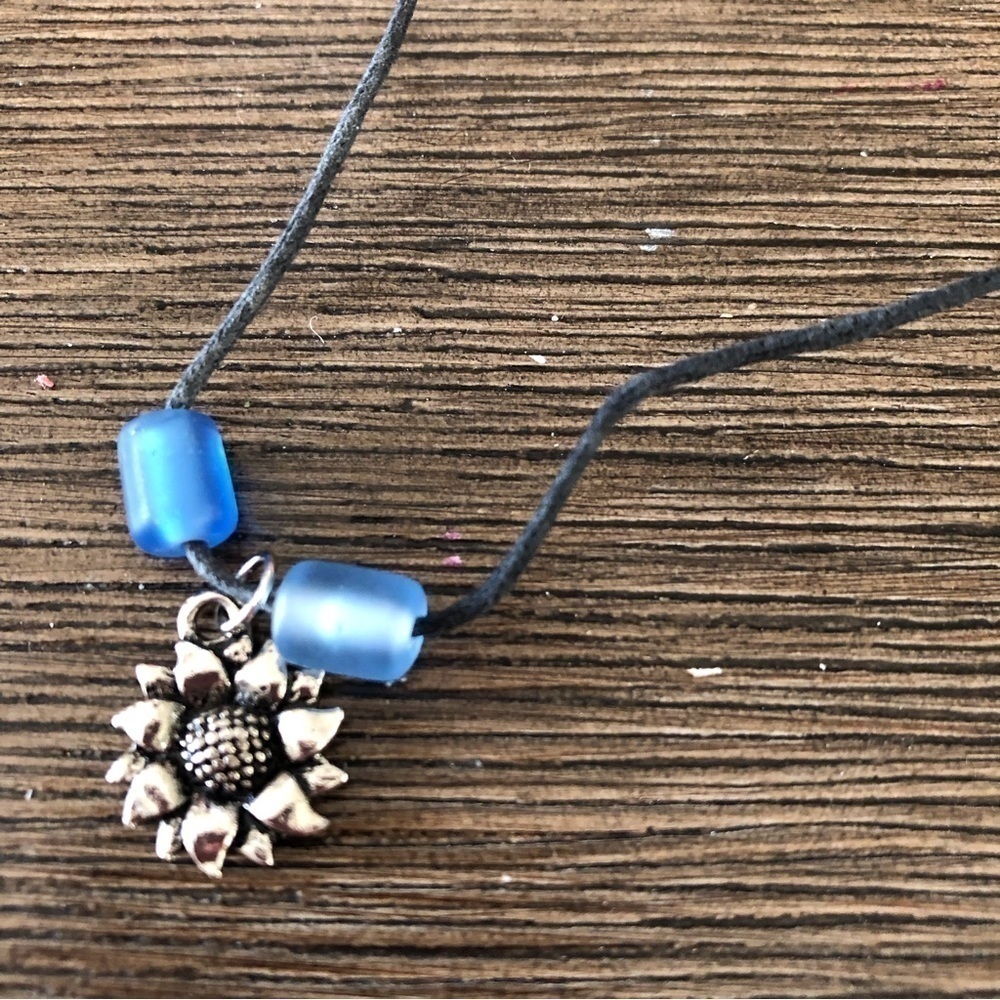 Handmade sliver sunflower charm and blue bead necklace